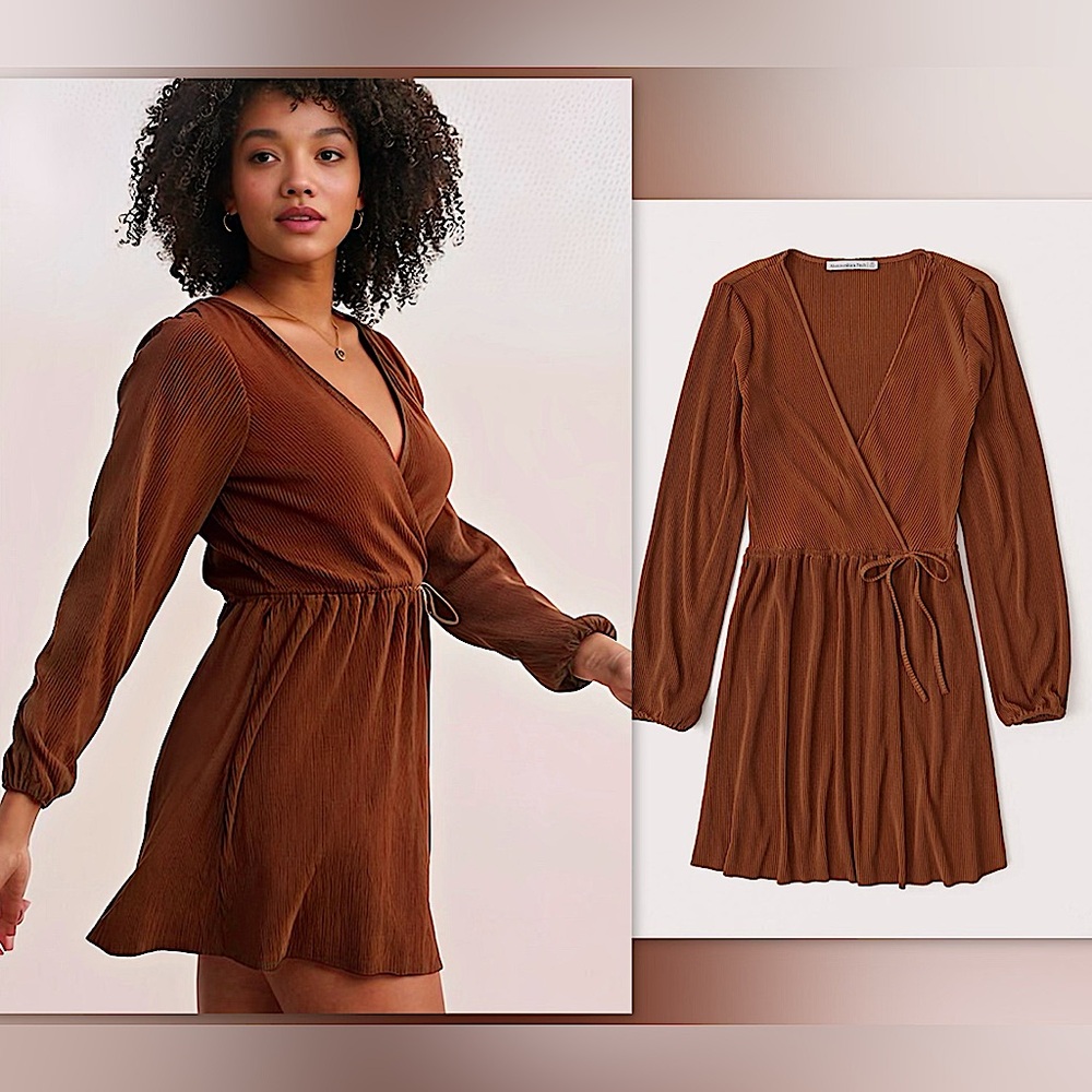 🍁Abercrombie & Fitch Satin Pleated Wrap Mini Dress -Burnt Orange Spice/Rust, S